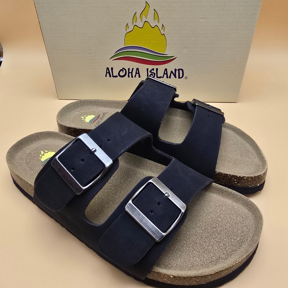 Aloha Island‎ Black Double Strap Cork Footbed Slides Sandals Women's Size 6M